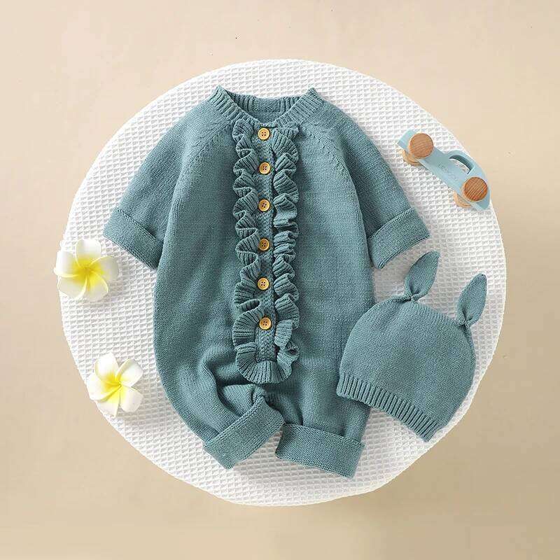 Infant Baby Rompers Knit Newborn Girl Boy Jumpsuit Long Sleeve Autumn Toddler Child Clothes Hat 0-18M Fashion Solid 2PC Overalls 26H0224