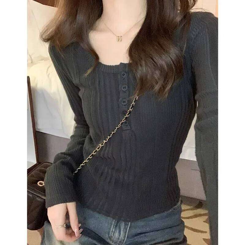 U-Neck Long-Sleeved T-shirt Female Spring & Fall 2024 New Arrival Korean Tops Sexy Sunken Stripe Brushed Inner Bottoming Clothes 26L0224