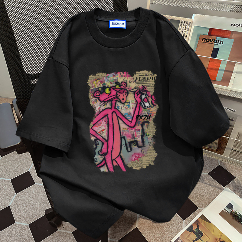American Style Cotton Cartoon Print Short Sleeve T-Shirt for Women 2026 Summer New Loose White Gray Casual Versatile Couple Top