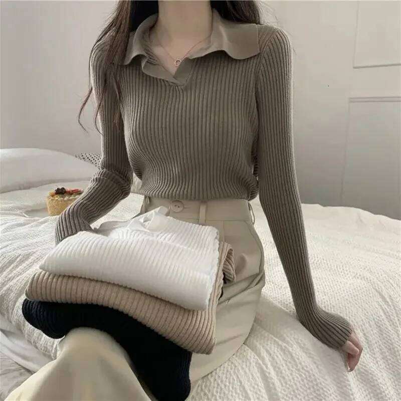 Elegant Vintage Knit Sweater Women's Long Sleeve Lapel Stylish Polo Collar Base Layer Top For Spring Autumn 26L0224