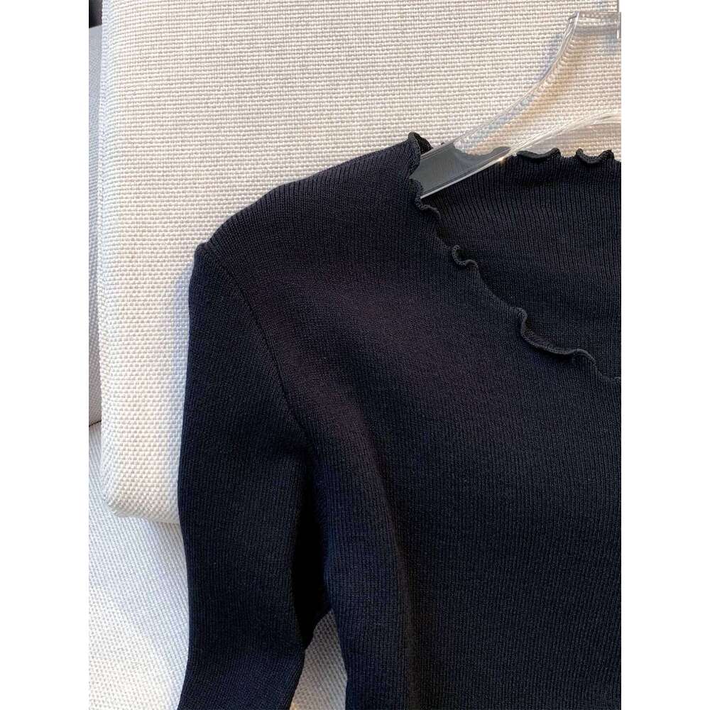 2026 Black/White Solid Lettuce Trim Bowknot Pullover Y2K Casual Long Sleeve Sweater For Spring & Fall Women's Clothing 26L0224