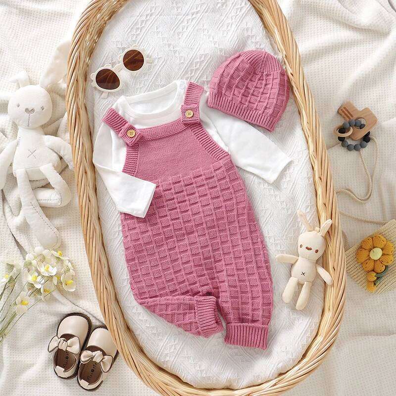 Newborn Infant Baby Girls Romper + Hats Sleeveless Knitted Toddler Jumpsuits Clothing 0-18m Spring Autumn Winter 2PC Outfits Set 26H0224