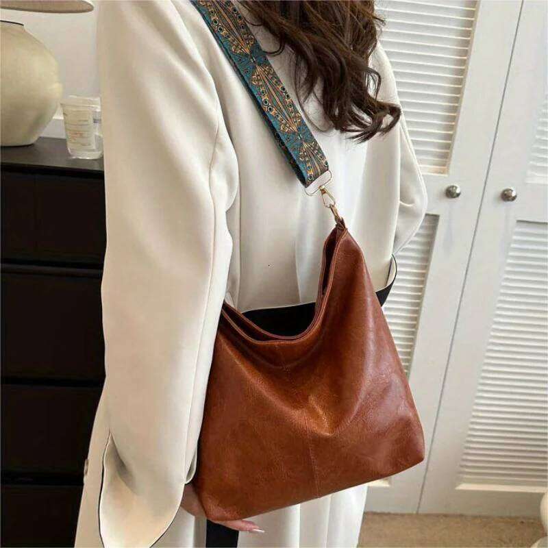 Boho Chic Faux Leather Shoulder Bag for Women Large Capacity Crossbody Tote with Vintage Wide Strap Casual Commuter Hand Bill Z260224