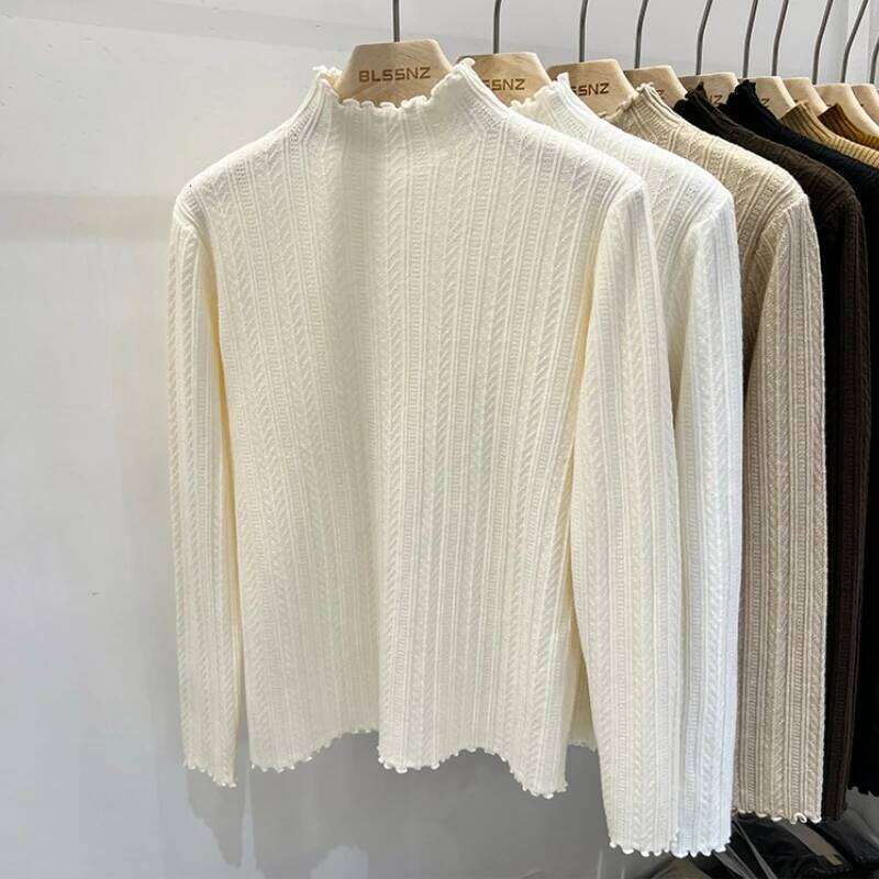 2025 Autumn Winter Ruffled Collar Women Sweater Fashion Solid Pullovers Knitted Tops Ladies Long Sleeved Base Layer Jumpers 26L0224
