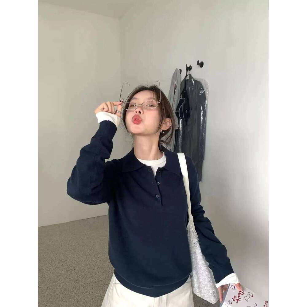 Korean Youthful Embroidered Polo Collar Knit Top Women Lazy Style Versatile Loose Fit Lapel Long Sleeve Casual Pullover 26W0224