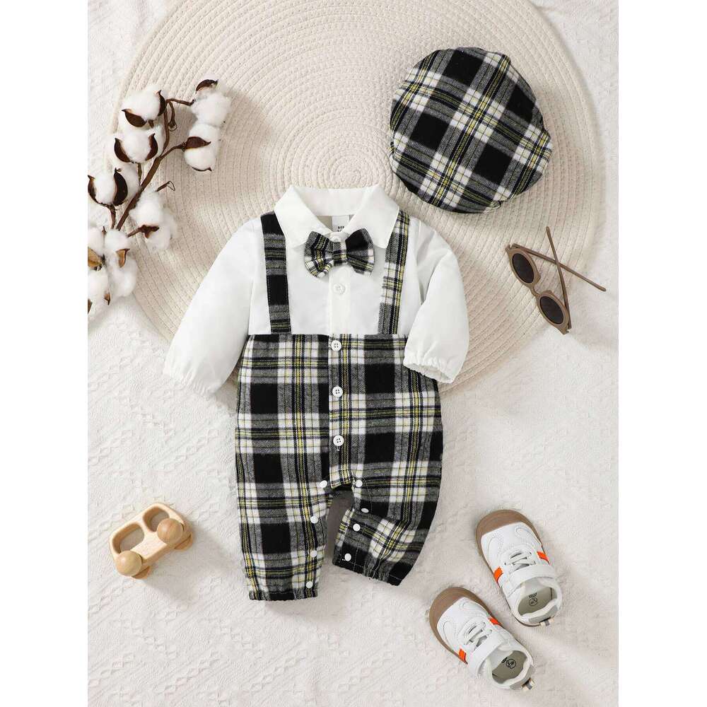 Newborn Literary Style Boy Baby Lapel False Strap Black Plaid Color Matching Jumpsuit Long Sleeve Button Cardigan Pantyband Hat 26Y0224