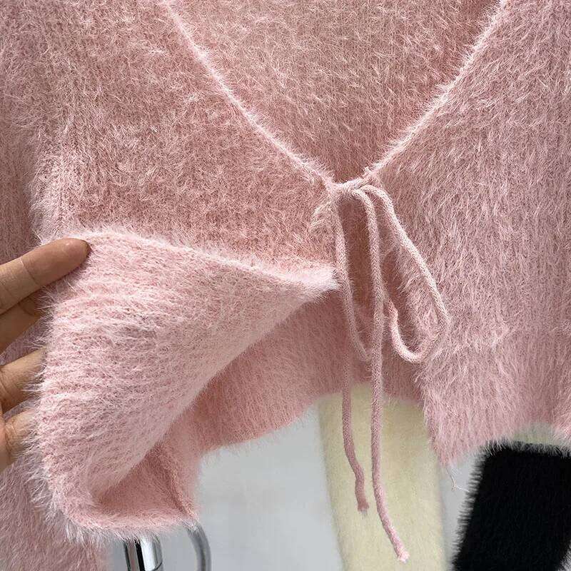 2026 New Autumn Women V-neck Long Sleeve Knitted Sweaters Bow Lace Up Solid Color Slim Short Casual Cardigans Tops 26L0224