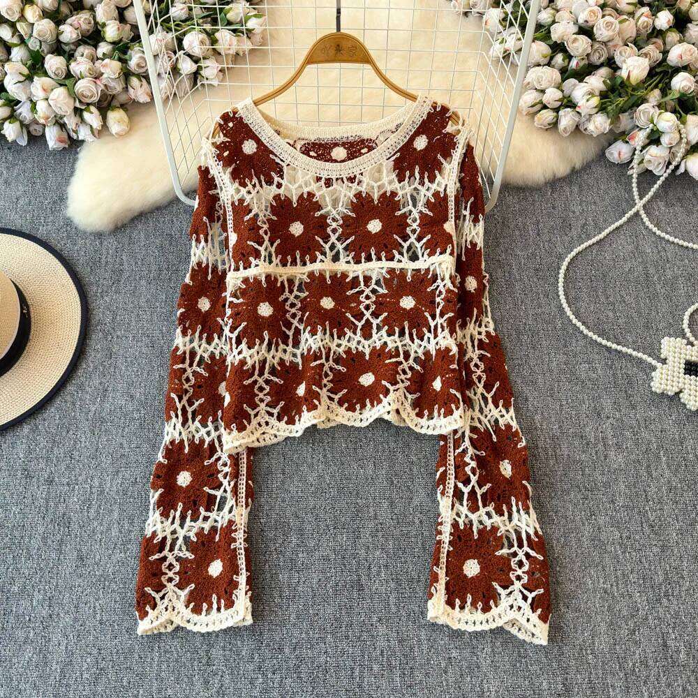 Daisy Crochet Sweater Long Sleeve Sheer Open-knit Crop Knit Top Pullover for Women Teen-girl Fall Winter Boho Beach Outfit 26L0224