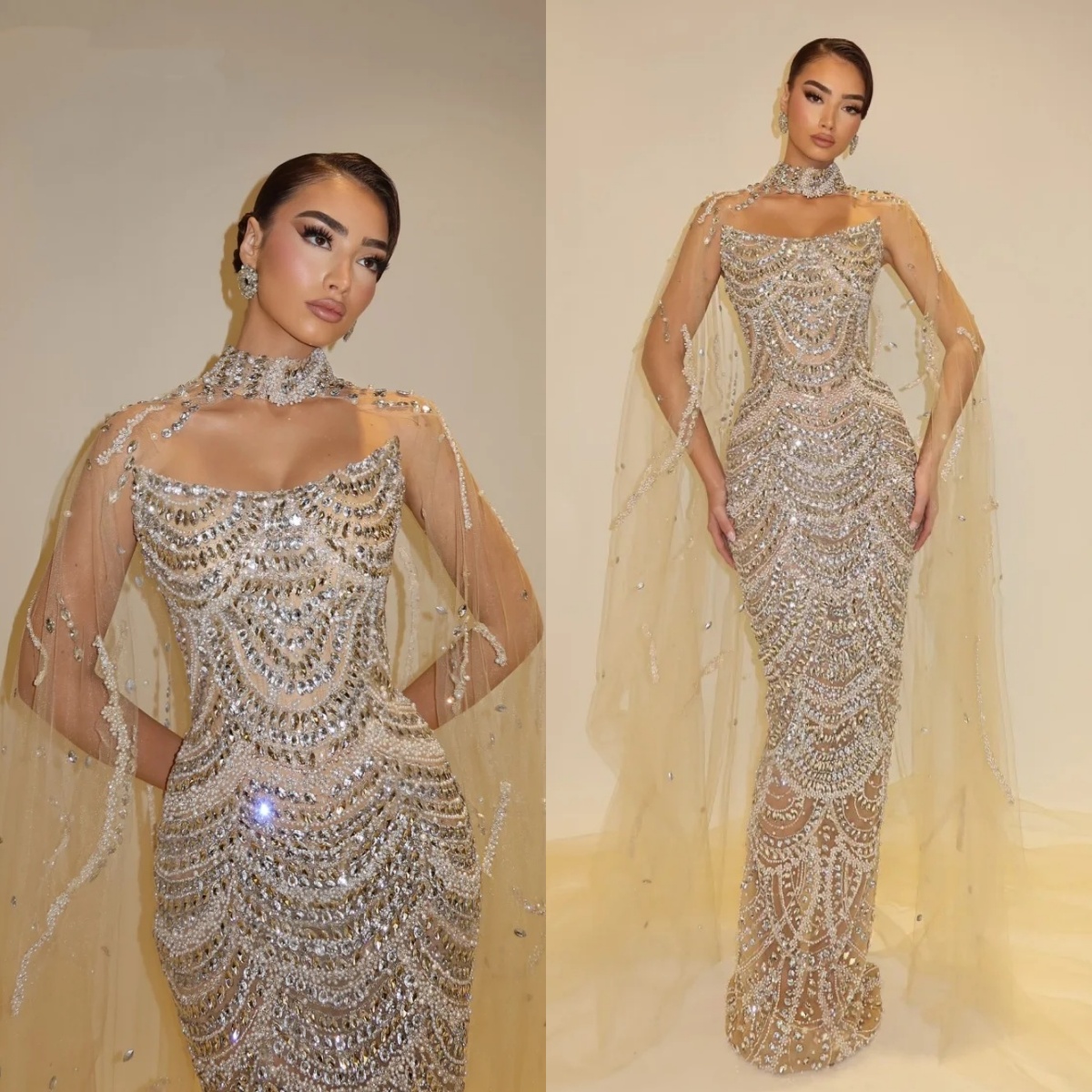 Luxury Strapless Evening Dresses Crystal Pearls Prom Dress Beading Illusion Sleeveless Customized Party Gowns Vestidos De Noche Plus Size