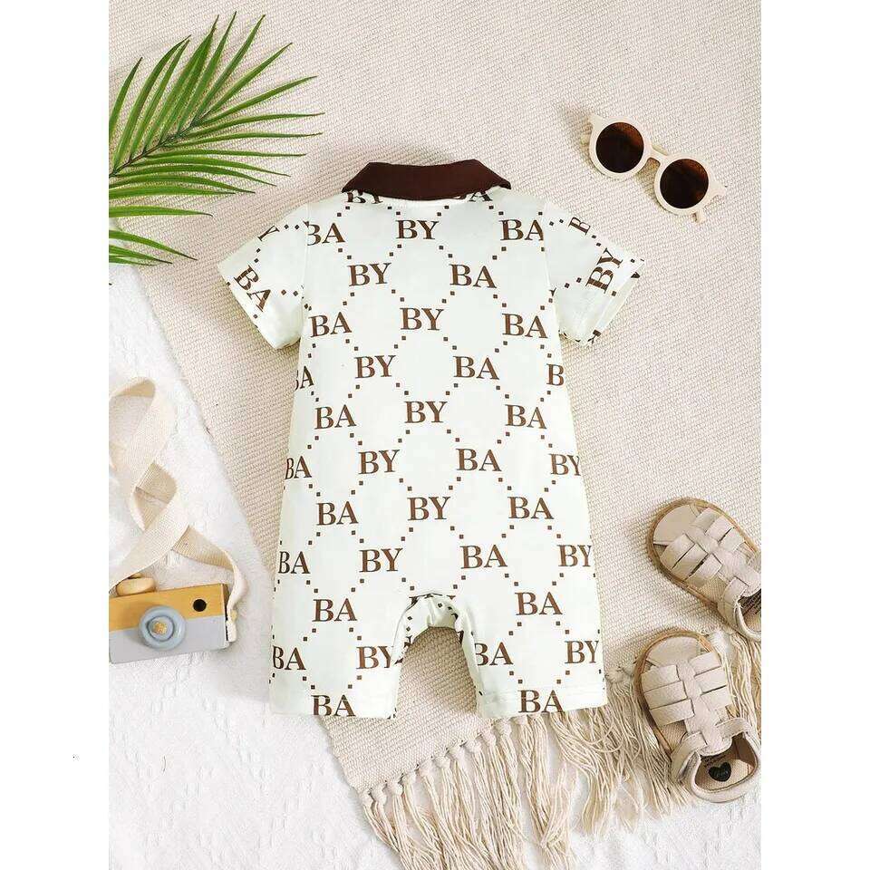 1-24 Months Newborn Baby Boy Fashion Romper Short Sleeved Flip Collar Letter Print Light Luxury Jumpsuit Toddlers Summer Clothes 26Y0224
