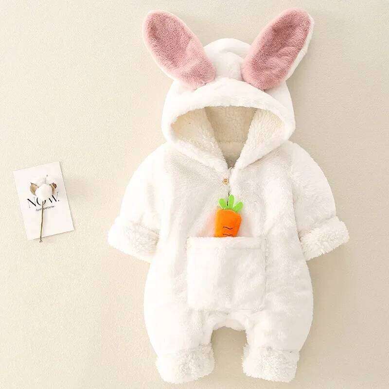 Rompers Winter Warm Coral Fleece Newborn Baby Girl Clothes Rabbit Coats Infant Jumpsuit Animal Overalls Pajamas 26Y0224