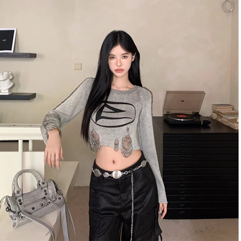 2024 Womens Sweet and Cool American Style Ripped Knit Sweater Early Autumn Short Cropped Pullover Top230729