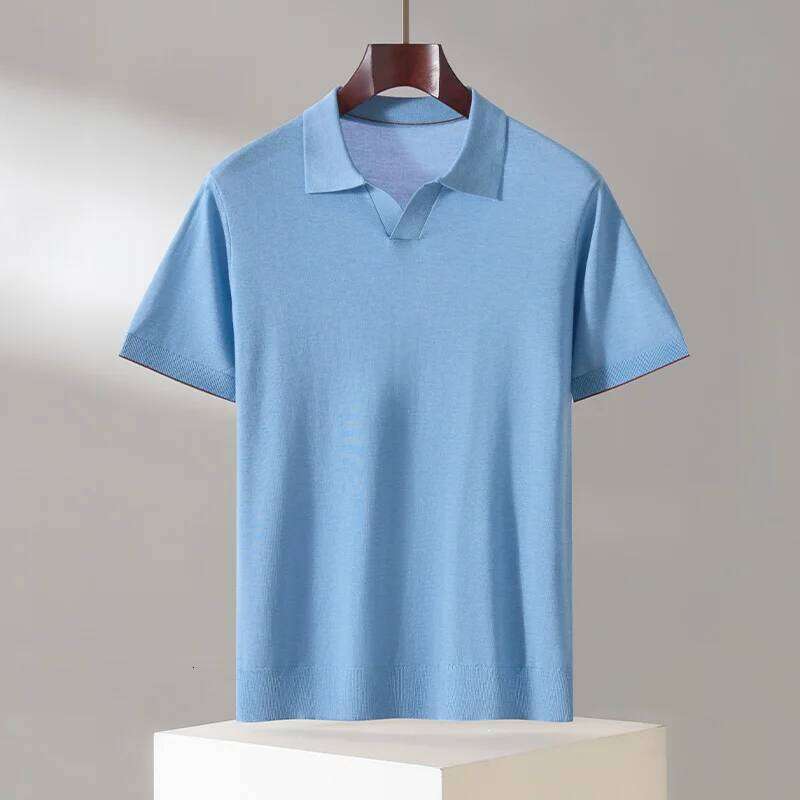Men's 100% Lyocell Casual Solid Color Knitted Pullover T-Shirt Short Sleeve Loose POLO Collar Top Pull on Vest 26W0224