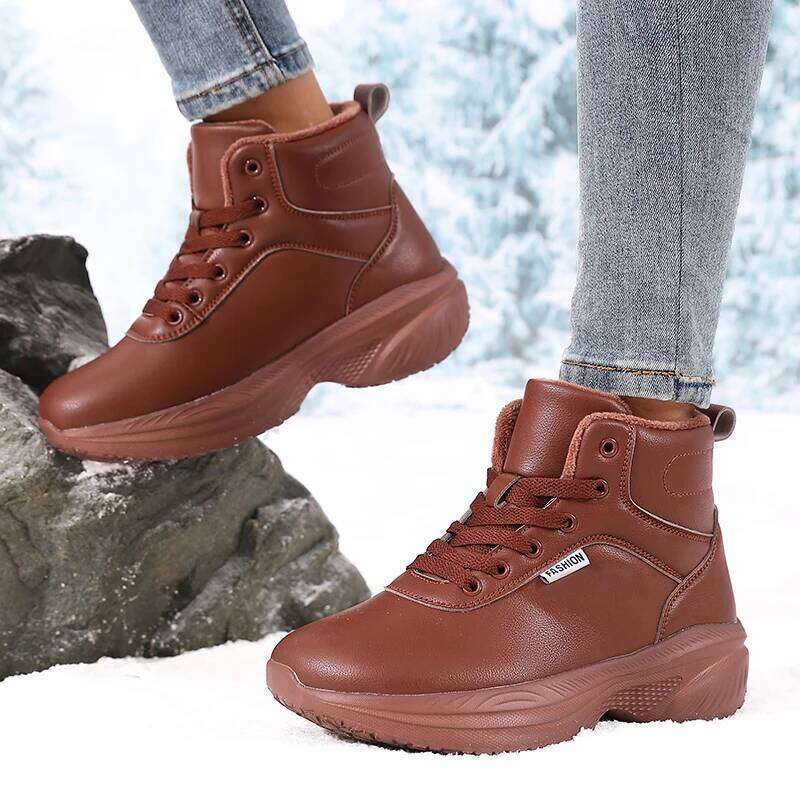 Mid-Top Wide Toe Barefoot Women Trend Artificial Leather Lace Up Walking Shoes Warm Furr Waterproof Winter Snow Sneakers
