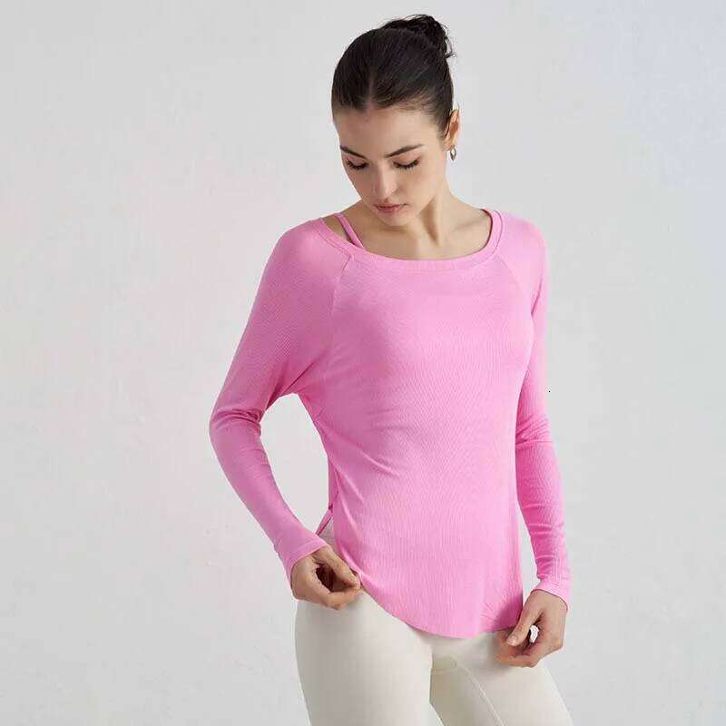 SOISOU Ribbed Round Yoga Top Loose Fit Women's O Neck Pilates Pullover Sports Long Sleeve High Elastic Fitness T Shirt 26Y0224