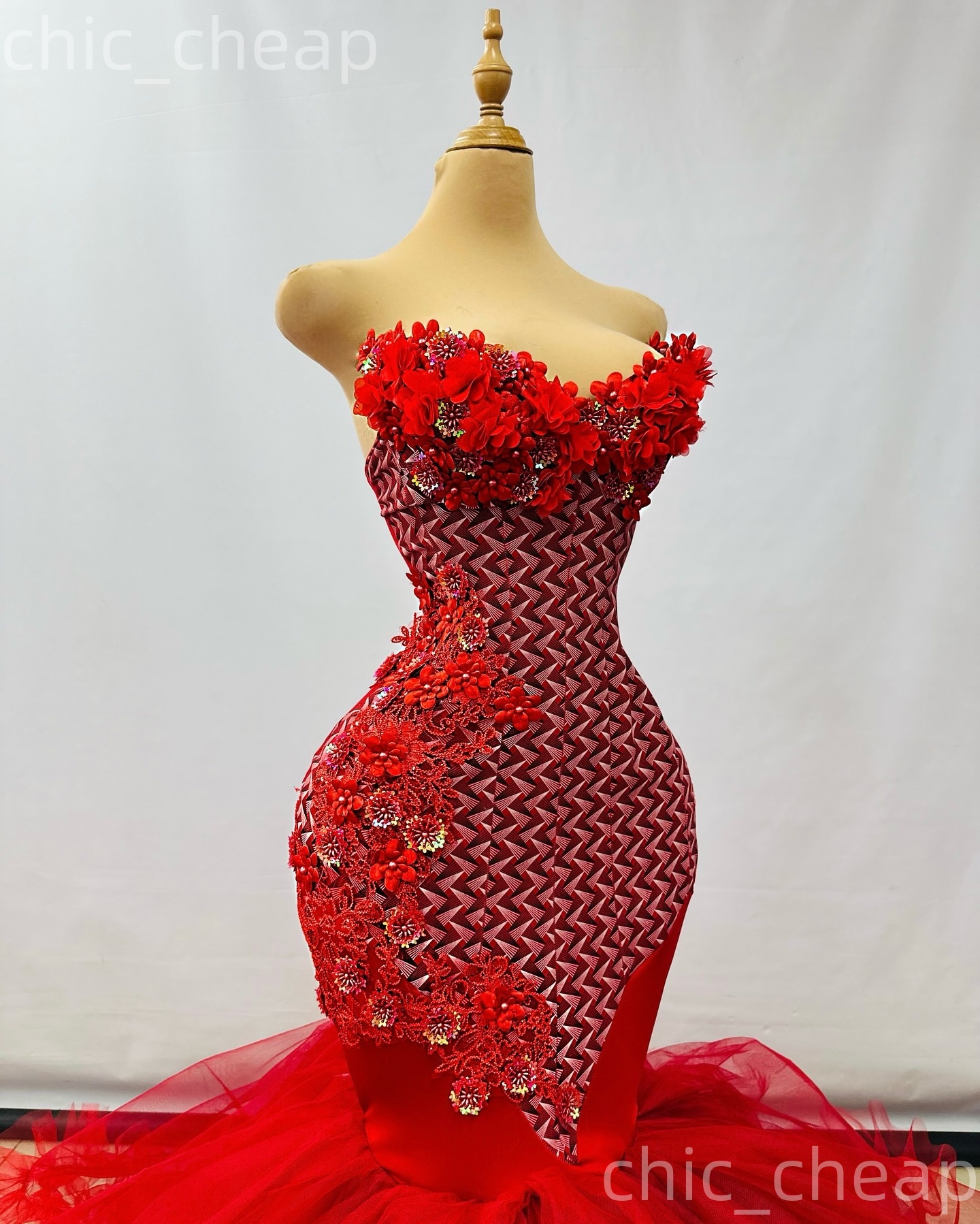 Aso Ebi Red Mermaid Prom Dresses 2026 Printed Flowers Lace Tulle Evening Formal Party Second Birthday Engagement Gowns Dress For Special Occasions ZJ0