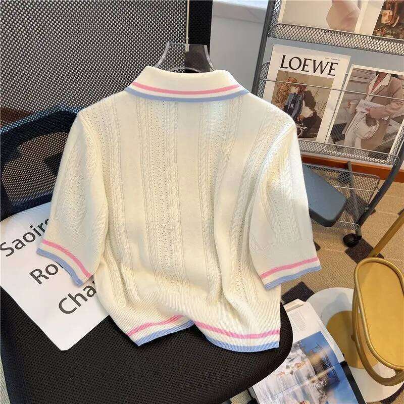 Women's Sweet Preppy Style Thin Knitted Polo Shirts Summer Fashion Striped Elegant Slim Short Sleeve Tops 26W0224