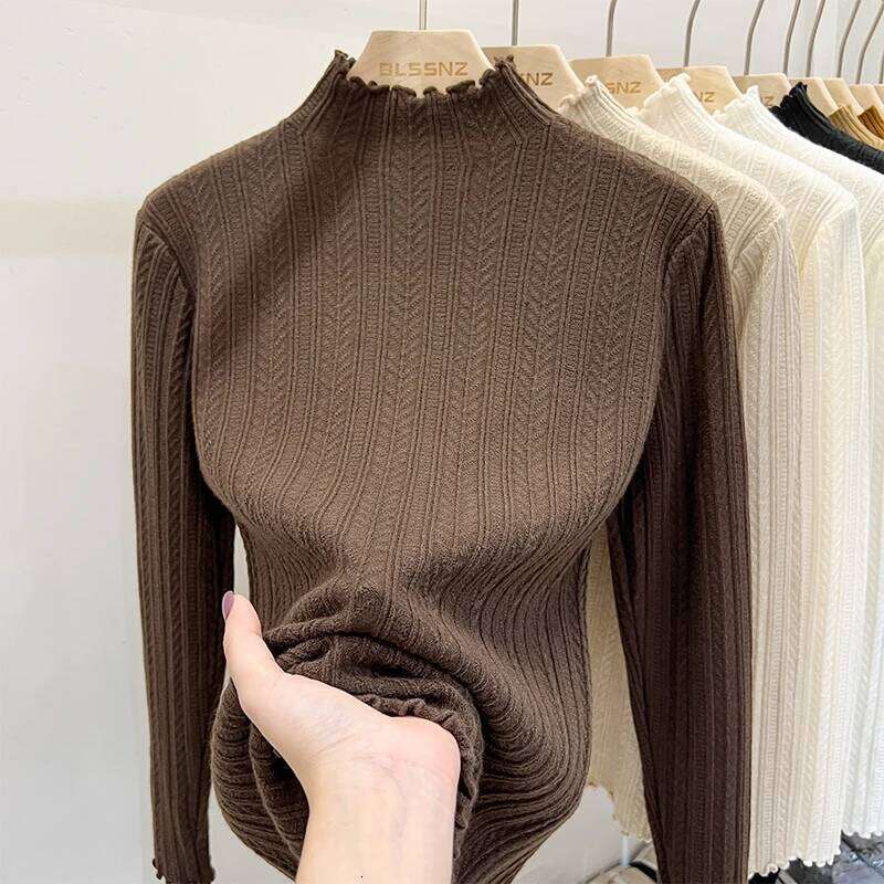2025 Autumn Winter Ruffled Collar Women Sweater Fashion Solid Pullovers Knitted Tops Ladies Long Sleeved Base Layer Jumpers 26L0224