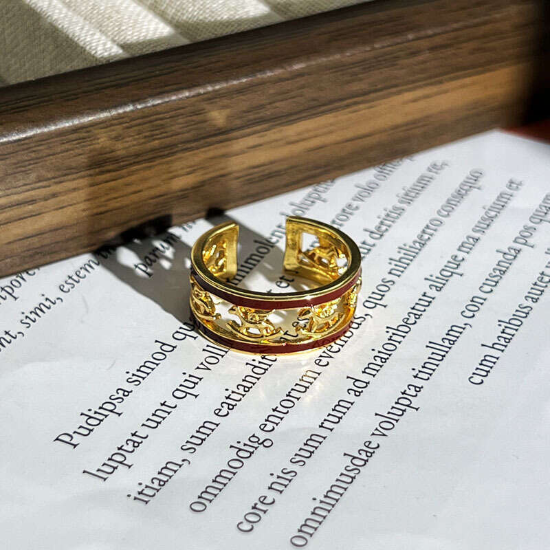 Ring Gold Plated Wine Red Enamel Geometric Zodiac Horse Butterfly Open Adjustable Band for Chinese New Year Festival and Daily Wear Gift High Quality 