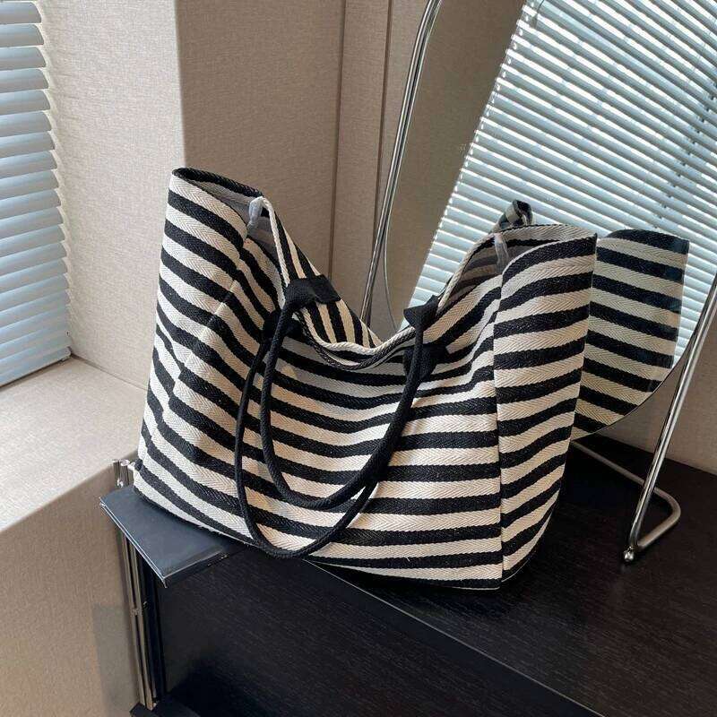 Women Canvas Shoulder Ladies Shopping Bags High Quality Handbags Simple Stripe Design Tote Books Bag For Girls Z260224