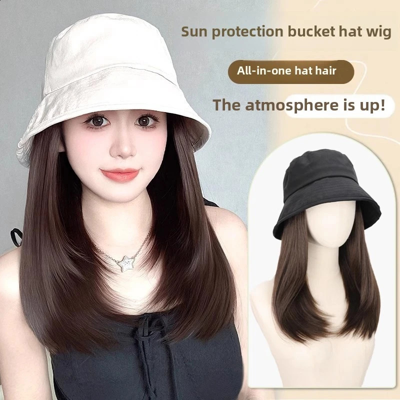 Hat Wig Female Natural Fashion Sun-Proof Bucket Hat Straight Hair Synthetic Wig Full-Head wigs for women 260207