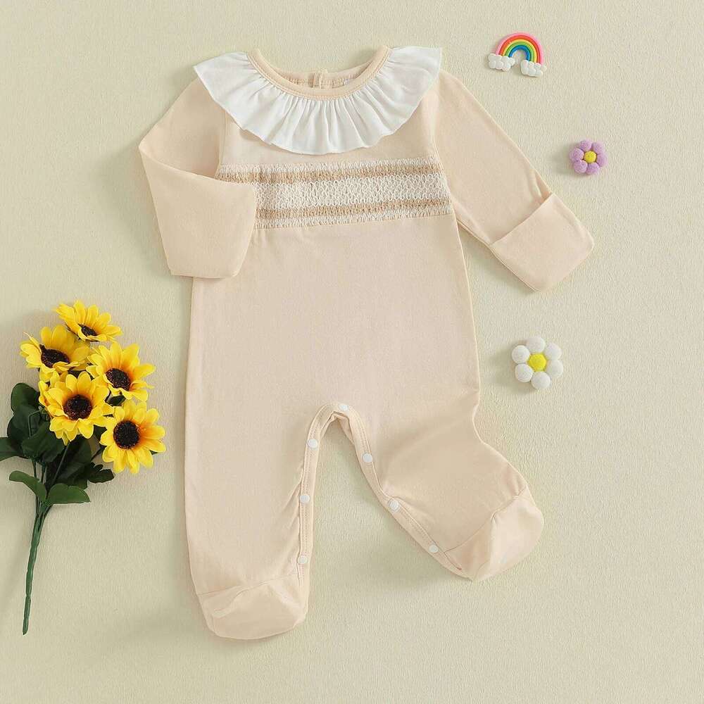FOCUSNORM 0-12M Lovely Newborn Baby Girls Boys Fall Winter Romper Contrast Color Long Sleeve Ruffled Round Neck Footed Jumpsuit 26H0224