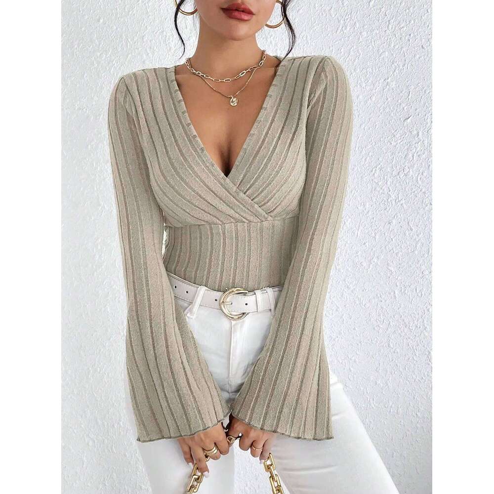 Fall and Winter V-neck Sexy Slim Striped Women's Tops, Long-sleeved T-shirt Knitted Bottoming Shirt 26L0224