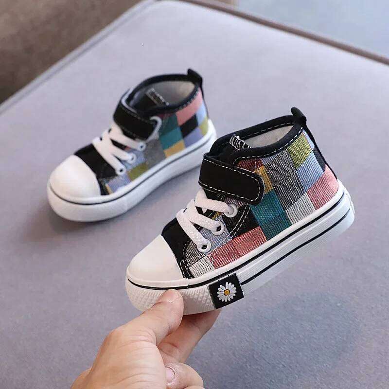 Children New Fashion Canvas Boys Girls Flower Plaid Prints Board High Top Soft Sole Non Slip Hook and Loop Shoes 26W0224
