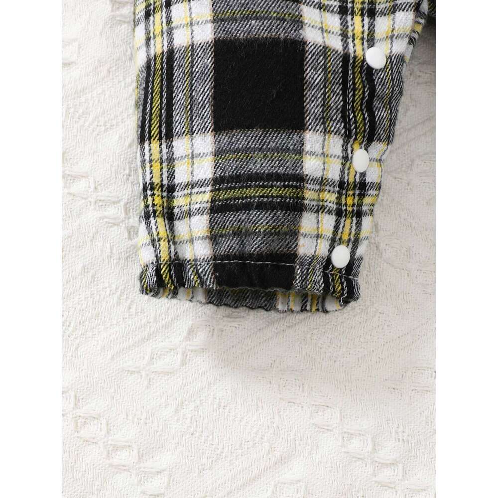 Newborn Literary Style Boy Baby Lapel False Strap Black Plaid Color Matching Jumpsuit Long Sleeve Button Cardigan Pantyband Hat 26Y0224