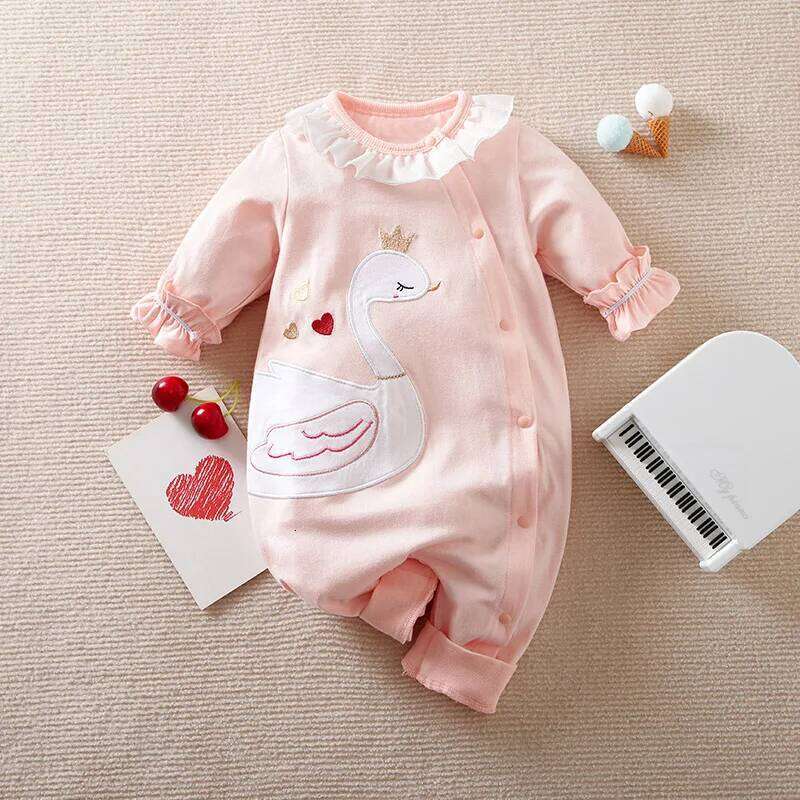 Spring Autumn Boys And Girls Beautiful White Swan Embroidered Cotton Comfortable Long Sleeve Baby Bodysuit 26H0224
