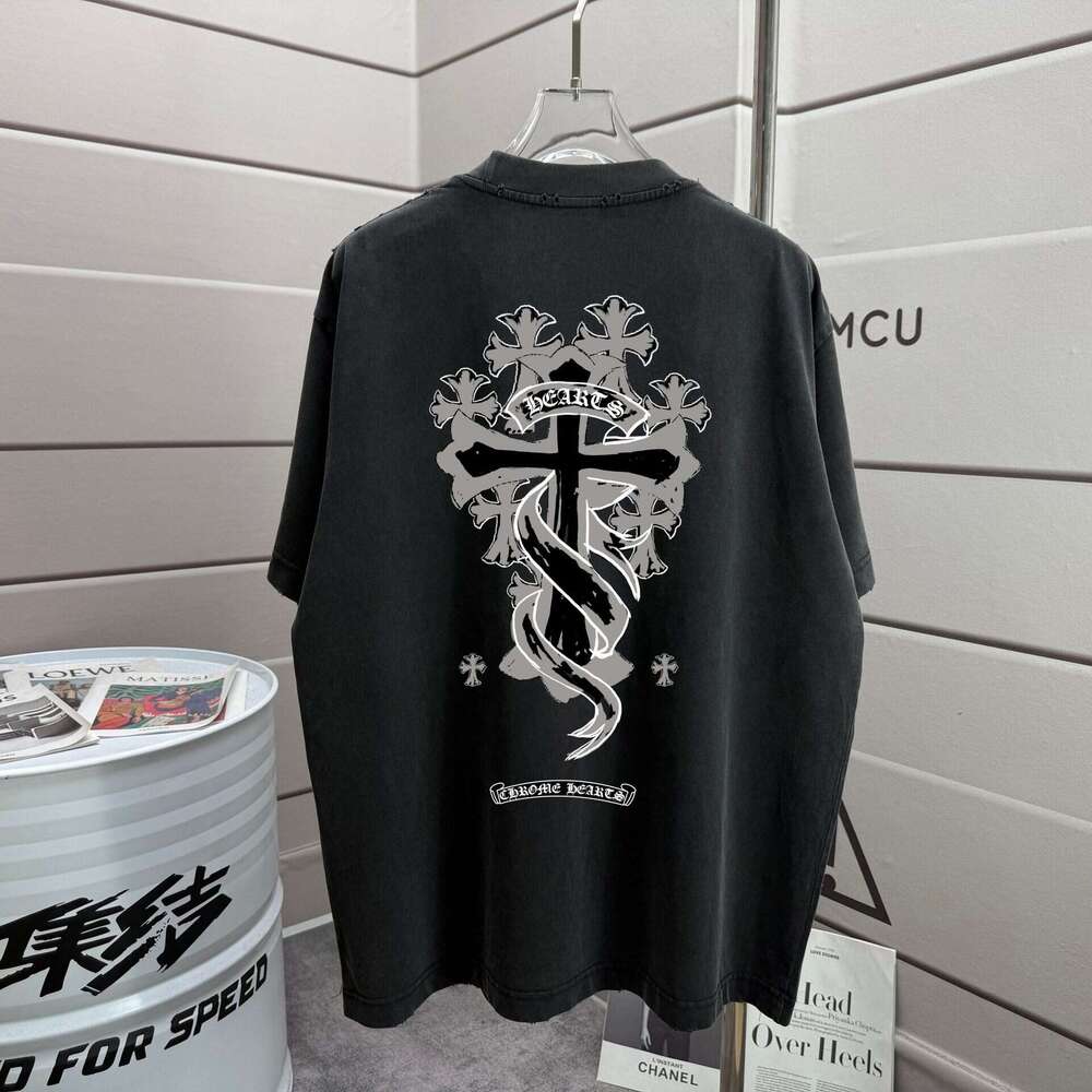 New Arrivals Authentic Version Of Trendy Brand American And European Style -Sleeved Classic Cross Print, Loose Fit, Unisex, Round Neck