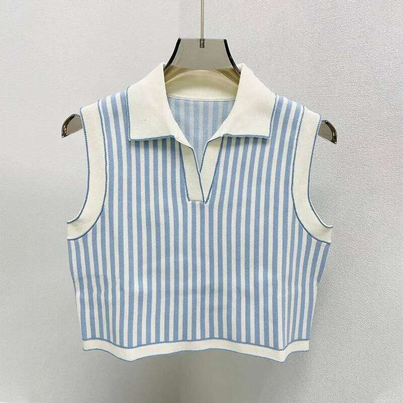 2024 Summer Knit T-shirt Tops Women Cropped Striped Sleeveless Polo Collar Vest Slim Fit Contrasting Tees Brand Clothing 26W0224