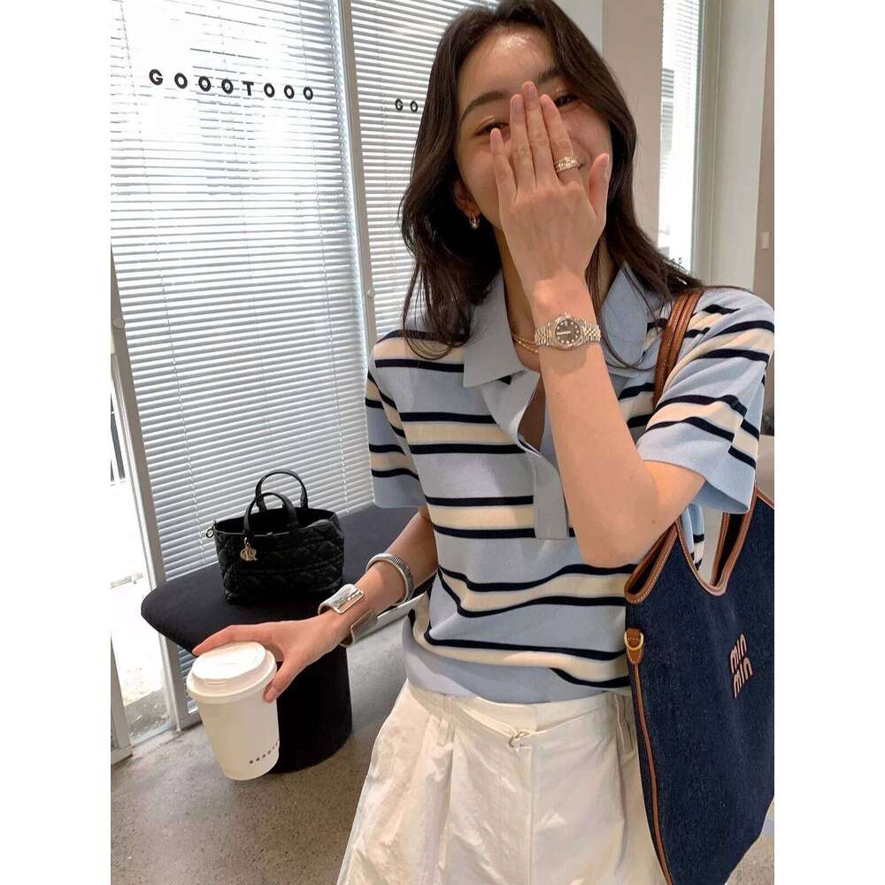 2025 Classic POLO collar Design Pure Lyocell Pullover Women's knitted Short sleeves Sweater High-quality Multi-color Stripes Top 26W0224