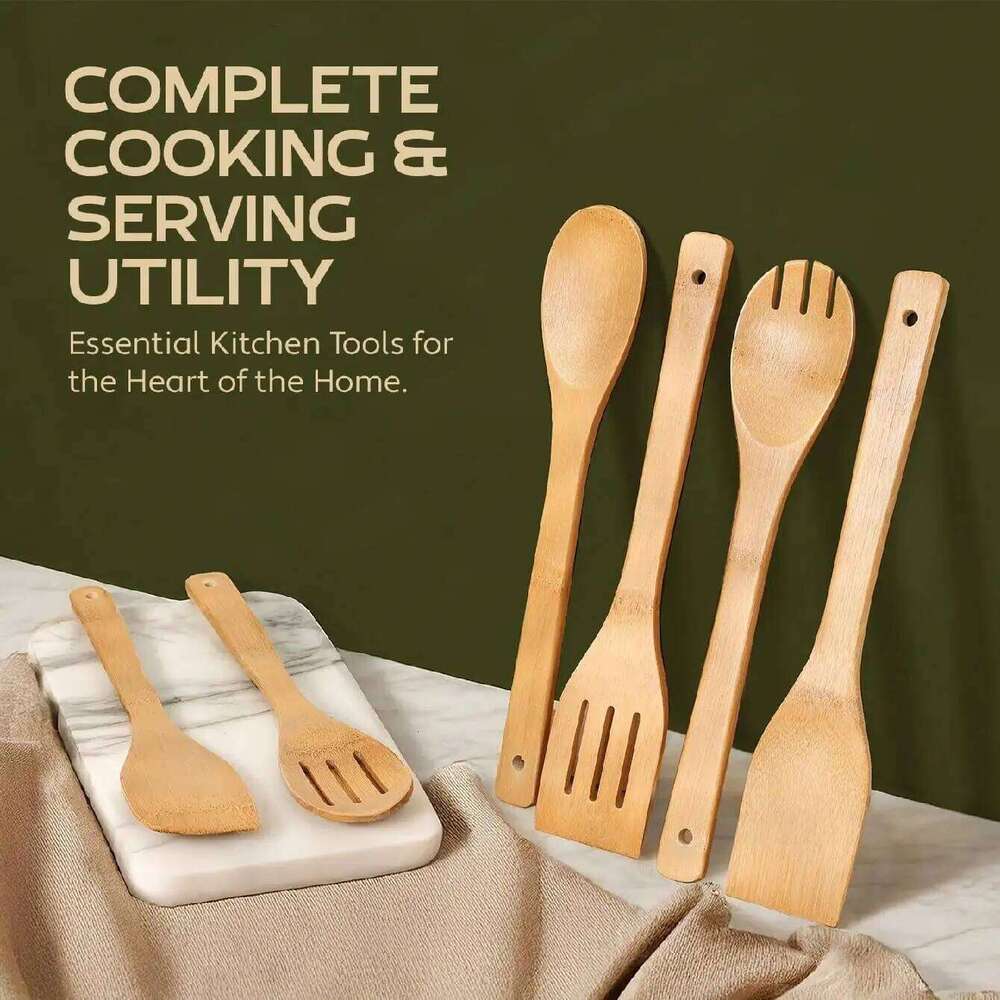 Kitchenware 6 Piece Wooden Utensil Set Eco Friendly Spoons Spatulas Cooking Ideal for Dining Room Household and Outdoor Use Durable Tableware Gadgets