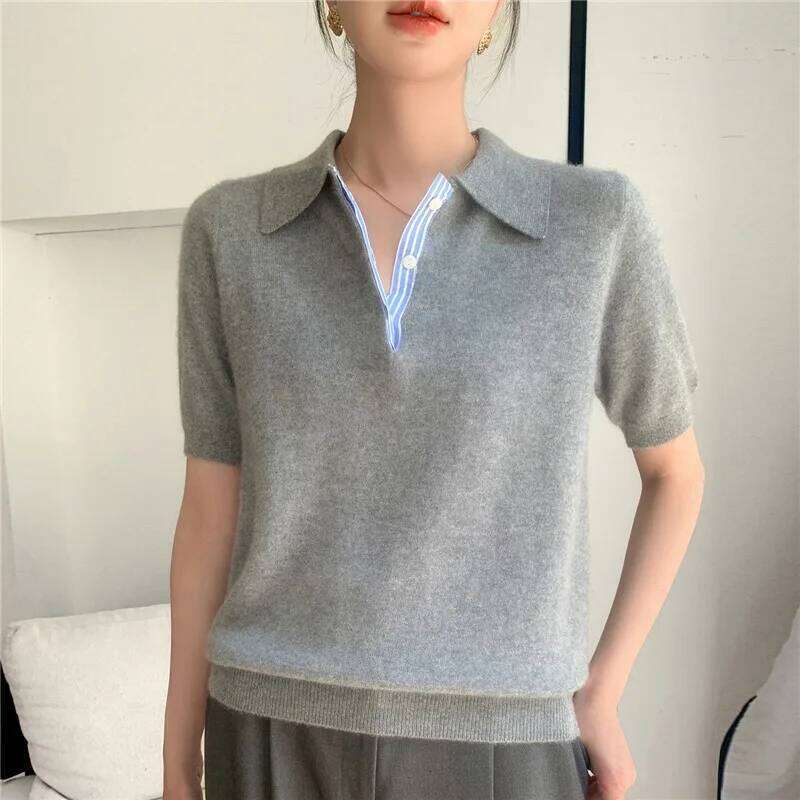 Autumn Winter Women Sweater 2025 Short Sleeve Knitted Pullovers Fashion Polo Collar Cotton Korean Solid Under Shirt Jumpers 26W0224