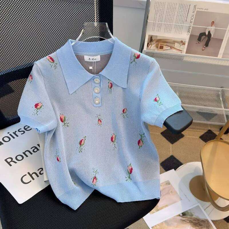 Vintage Women's Sweet Elegant Blue Print Short-sleeved Button Tops Summer New Polo Collar Festival Knitted T-shirt Popular Trend 26W0224