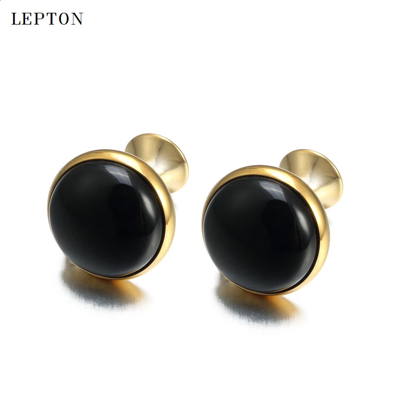 Low-key Black Onyx Cufflinks for Mens Business Lepton High Quality Gold Color Round Onyx Stone Cuff links Relojes gemelos 260208