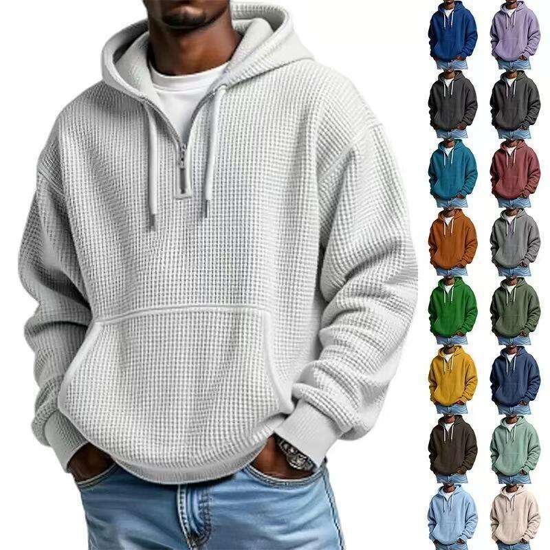 Autumn and winter hooded sweatshirt, versatile trendy pullover 3D printed top, long-sleeved men's waffle zipper sweatshirt