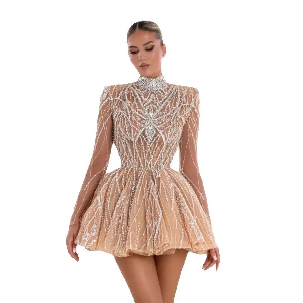 Glitter High Neck Evening Dresses Customized Sexy Sequined Long Sleeve Prom Dress Above Knee Length Party Gown