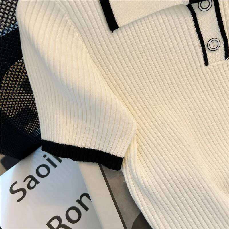 Ice Silk Shirt Summer Women's Knitted Short Sleeve Polo Casual Versatile Women Sweater Tops 2025 Korean Clothing 26W0224