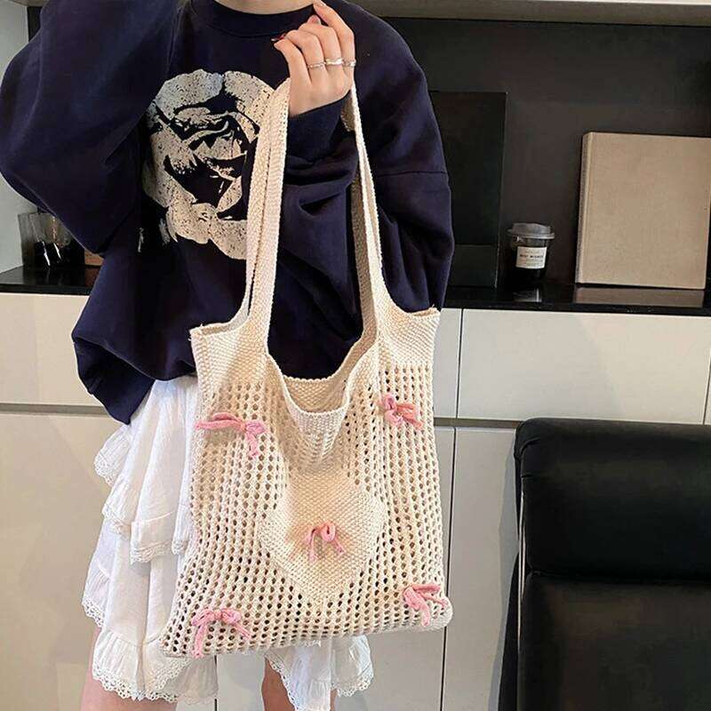 Bowknot Crochet Tote Summer Beach Mesh Knitted Large Aesthetic Shoulder Knit Handbags Hollow Bag for Women Z260224