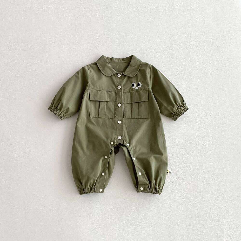 Baby jumpsuits, long-sleeved lapel jumpsuits for both boys and girls in autumn, large-pocket workwear, one-piece crawling suits, 26Y0224