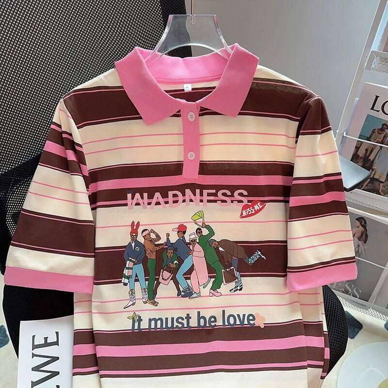 Short Sleeved T-shirt Summer 2023 Trendy Stripe Polo Top Large Women's Shirts 26W0224