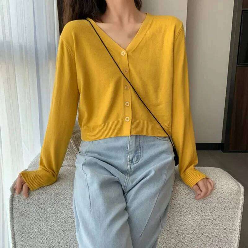 Women's Long Sleeve Cropped V Neck Button Down Knit Lady Autumn Spring Knitted Single-breasted Cardigan Sweaters 26L0224