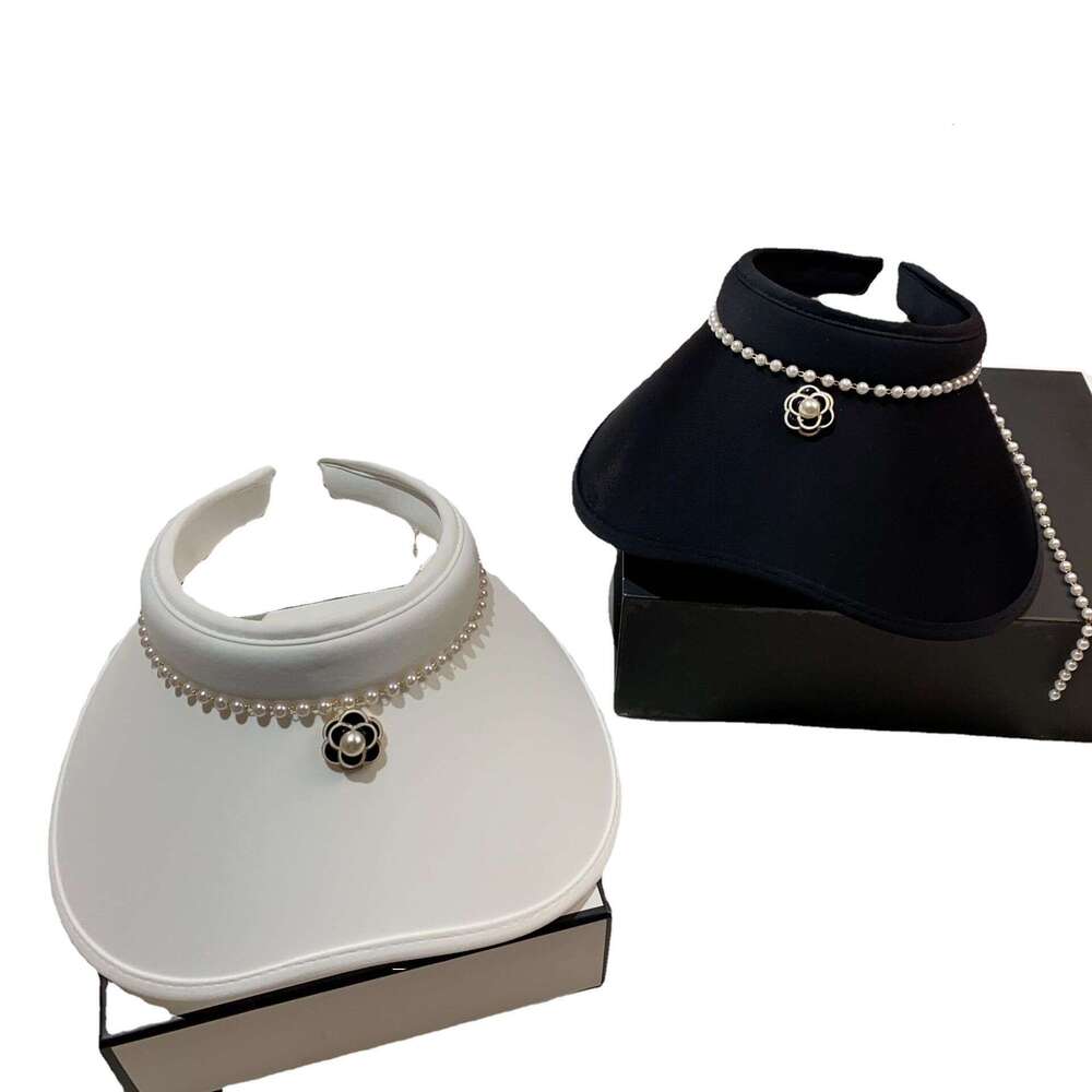 Solid-color pearl open-brim hat Tea flower decoration Suitable for shopping and garden parties