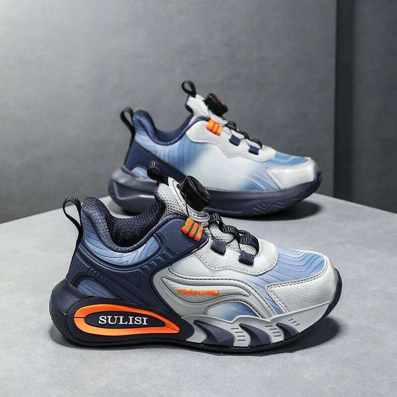 Children Sports Outdoor Breathe Anti Slip Tennis Pu Leather Lightweight Rotating Button Autumn Comfort Running Shoes 26W0224