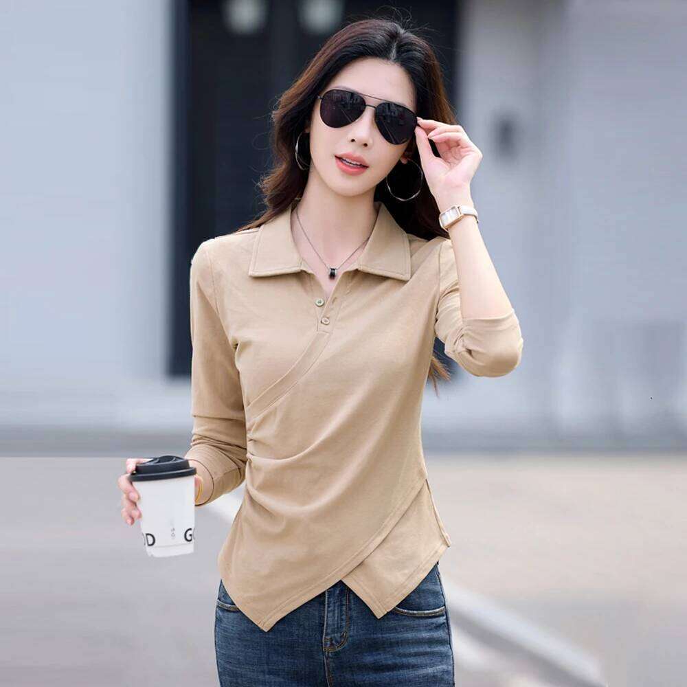 Front slit Polo collar long sleeved T-shirt for women's autumn new cotton fashion plus size irregular casual top 26W0224