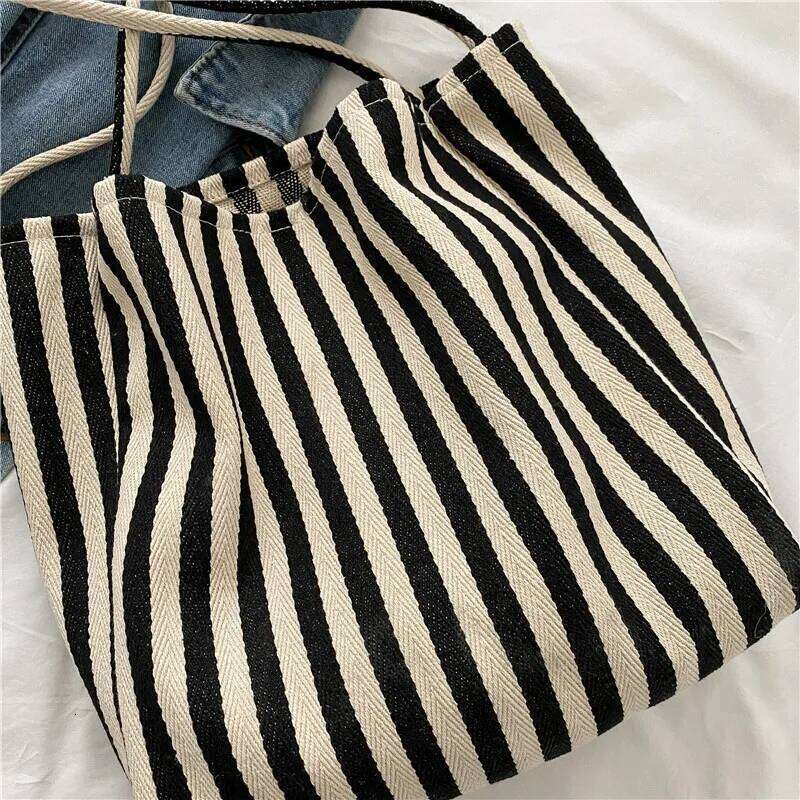 Female Casual Multifunctional Travel Top-handle Handbag Large Capacity Canvas Women Shopper Tote Simple Striped Shoulder Bag2025 Z260224