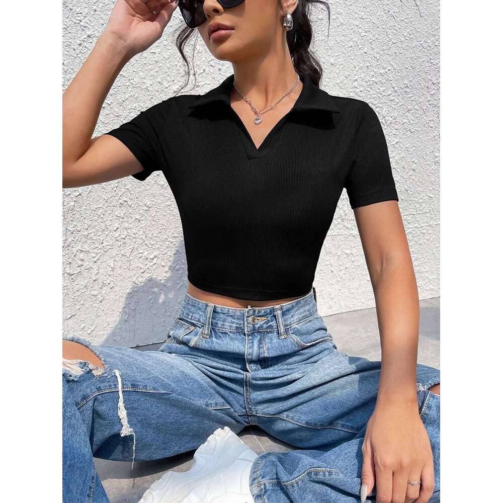polo neck V sleeve women's summer shoulder high waist Spice Girl T-shirt slimming short crop top 26W0224