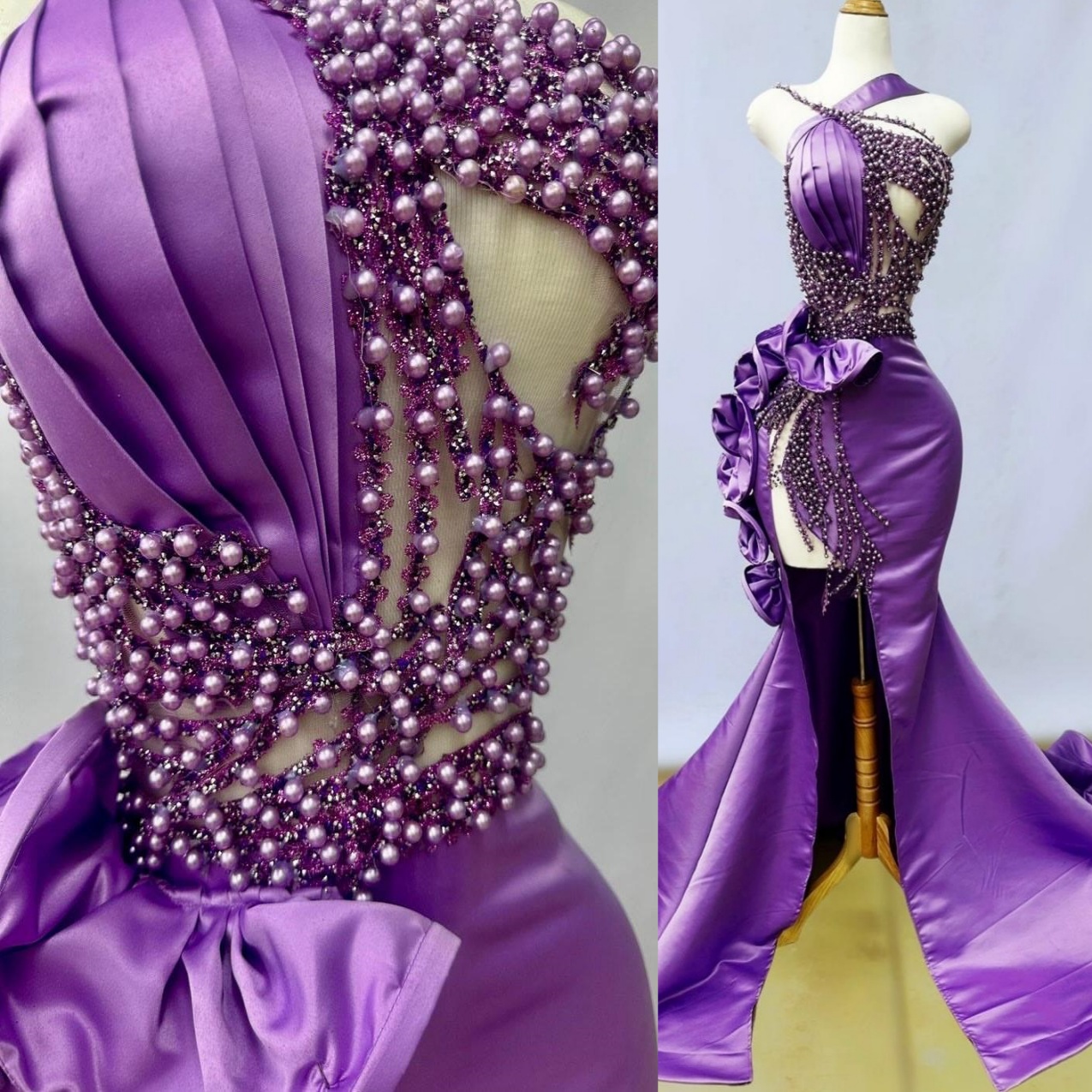 Aso Ebi Purple Mermaid Prom Dresses 2026 Pearls Spaghetti Satin High Split Evening Formal Party Second Birthday Engagement Gowns Dress For Special Occ